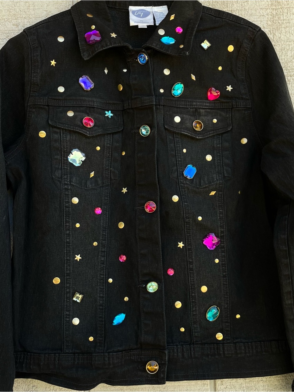 DG2 by Diane Gilman Black Embellished Jean Jacket with Multicolor Gems